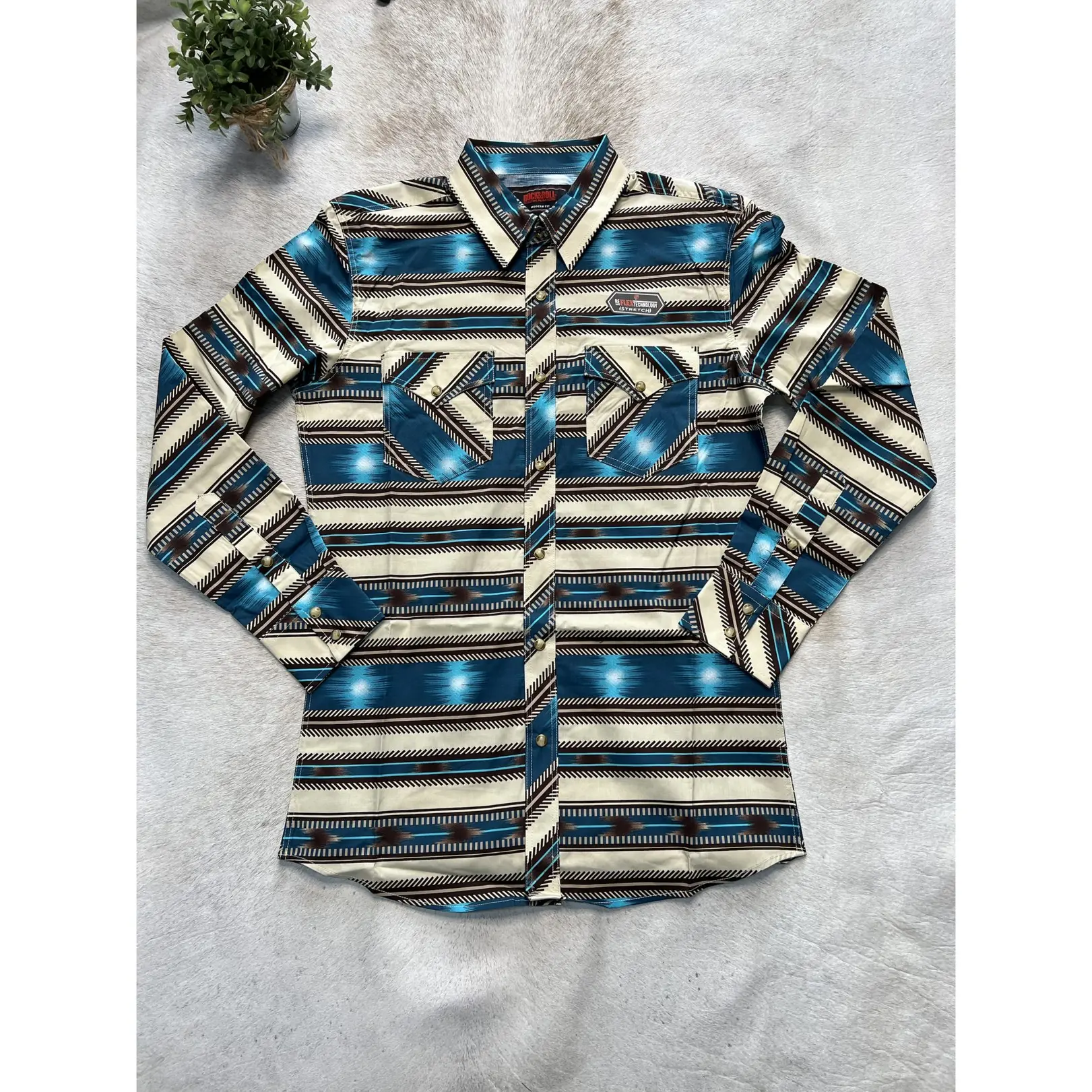 Rock and Roll S25 RR Aztec Stripe Print Long Sleeve Snap Bright Turquoise