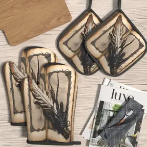 4pcs Heat Resistant Oven Mitts And Potholders Vintage Magic Manuscript Oven Mitts And Pot Holders Sets Suitable For Kitchen Decoration, Cooking, Grilling, Baking And Great Holiday Camping Picnics Gifts