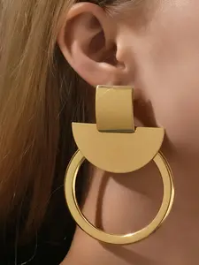 Women's Geometric Alloy Earrings, Simple Fashion Metal Style, Creative Half Round Ring Design, Long Versatile Jewelry Accessory