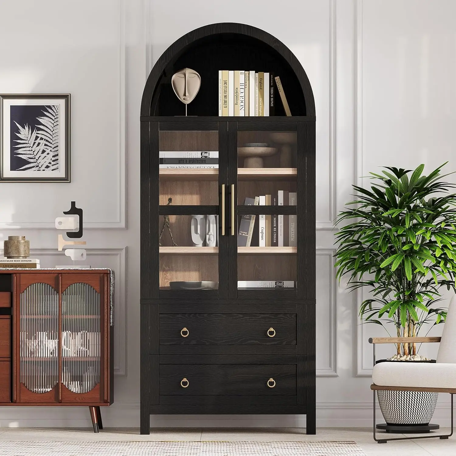 71" Tall Arched Kitchen Pantry Cabinet with 2 Large Drawers ...