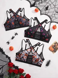 Women's Halloween Pumpkin Bat Skull Floral Bra, Party Wear Gothic Lace Bralette, Unlined Lace Bra, Medium Support Slim-Fit Seamless Wireless Comfortable