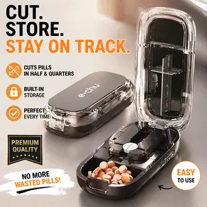 Portable Pill Cutter and Splitter for Tablets, 1/2 and 1/4 Pill Divider with Travel Pill Box