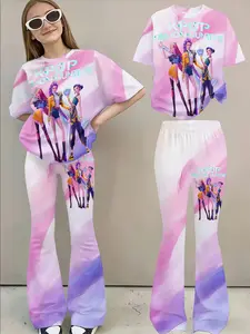 3D Gradient Set, Girl Cartoon Print Short Sleeve Top + Micro Flare Pants, Sweet Cool Casual Two-Piece, Everyday, Clothes