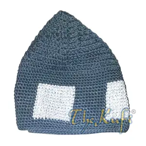Dark Gray Hand-Crocheted Durable Cotton Kufi Hat Cap with White Design