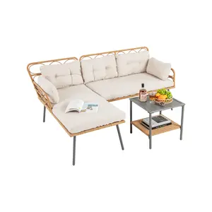 COSTWAY - 3 Pieces Corner Patio Furniture with Small Coffee Table-Beige