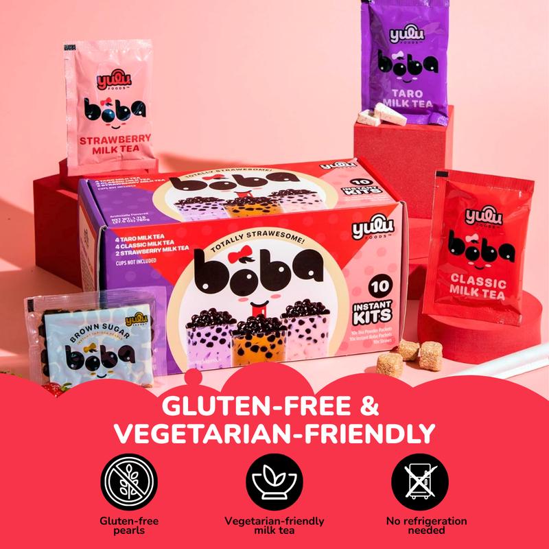 YULU FOODS Instant Boba Milk Tea Kit – Variety Pack with Brown Sugar Tapioca Pearls, 10 Drink Set