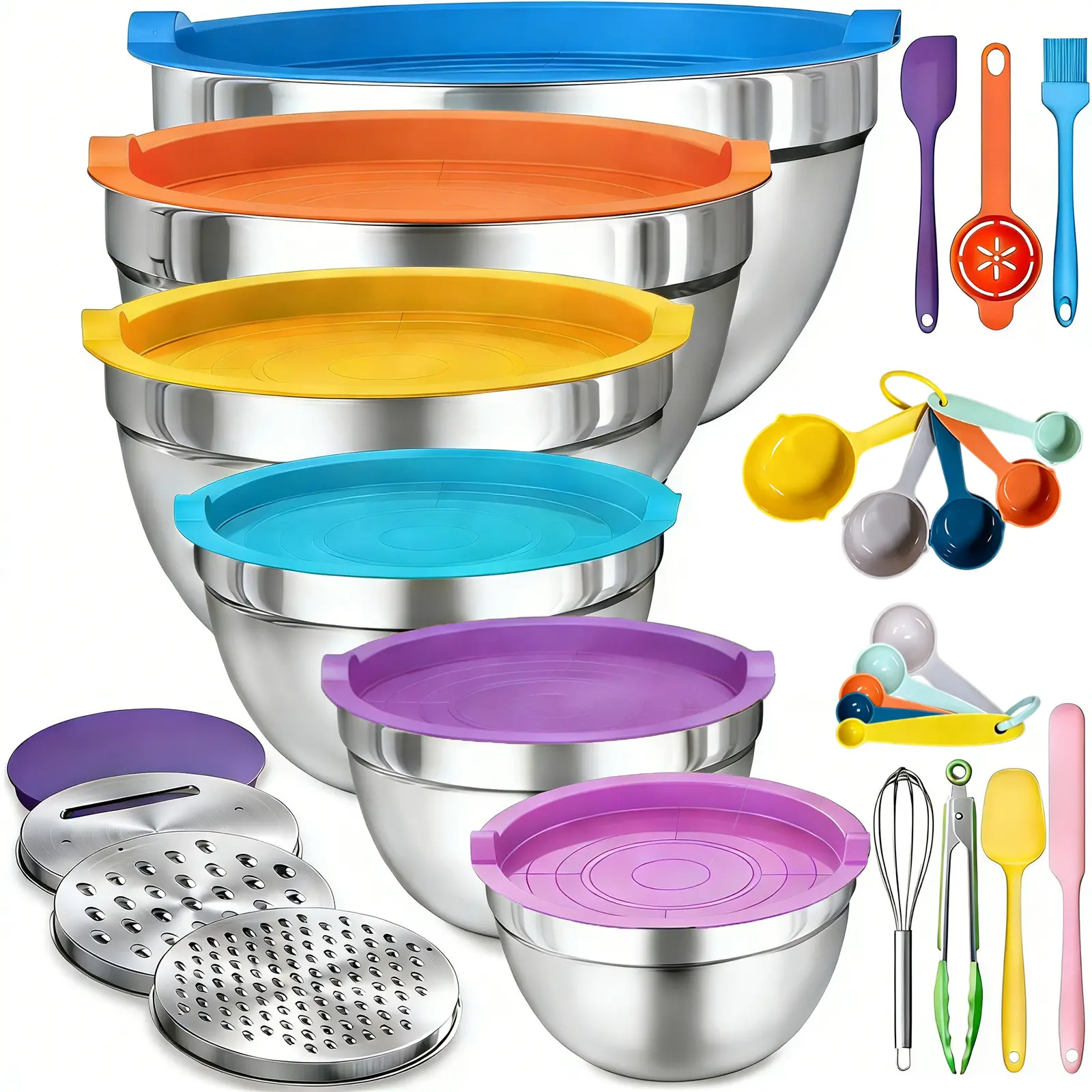 Stylish 6-Piece Stainless Steel Mixing Bowl Set with Colorful Airtight Silicone Lids, Multi-Size, 3-in-1 Cheese Graters, 8 Bonus Accessories, Dishwasher Safe for Daily Food Prep (Home & Festive Party Supplies)
