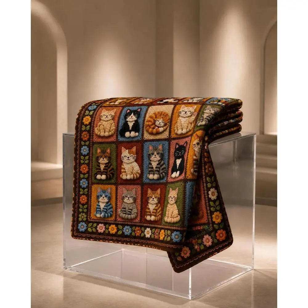 Cat Blanket, Printed Granny Square Blanket Design, Patchwork Plush Throw, Cozy Cat Lover Gift