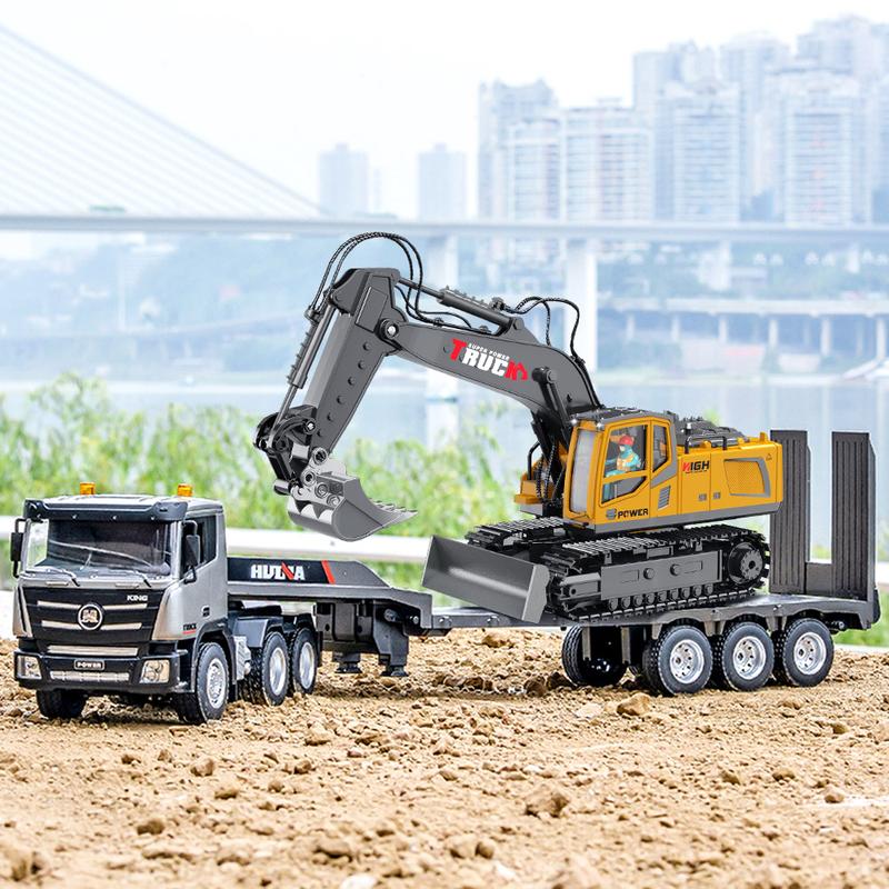 Remote Control Semi Truck & Excavator Set, 2.4Ghz Remote Control Toys, Semi-Trailer Engineering Tractor With Sound and Lights, Construction Vehicles for Boys