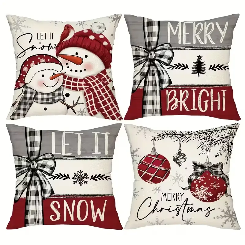 4pcs Set of 18x18 Inch Christmas Throw Pillow Covers,  Winter Holiday Cushion Case Decoration, Snowman&Christmas tree Designs, ZipperClosure,Linen,Merry Christmas Decor 2026 for Home, Couch, Sofa, Living Room – No Inserts Included