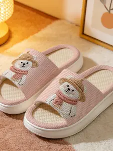 Cute Bear Home Slippers with Hat and Scarf, Waffle Linen Breathable Soft Comfortable Non-Slip Quiet Thick Sole Shoes Footwear