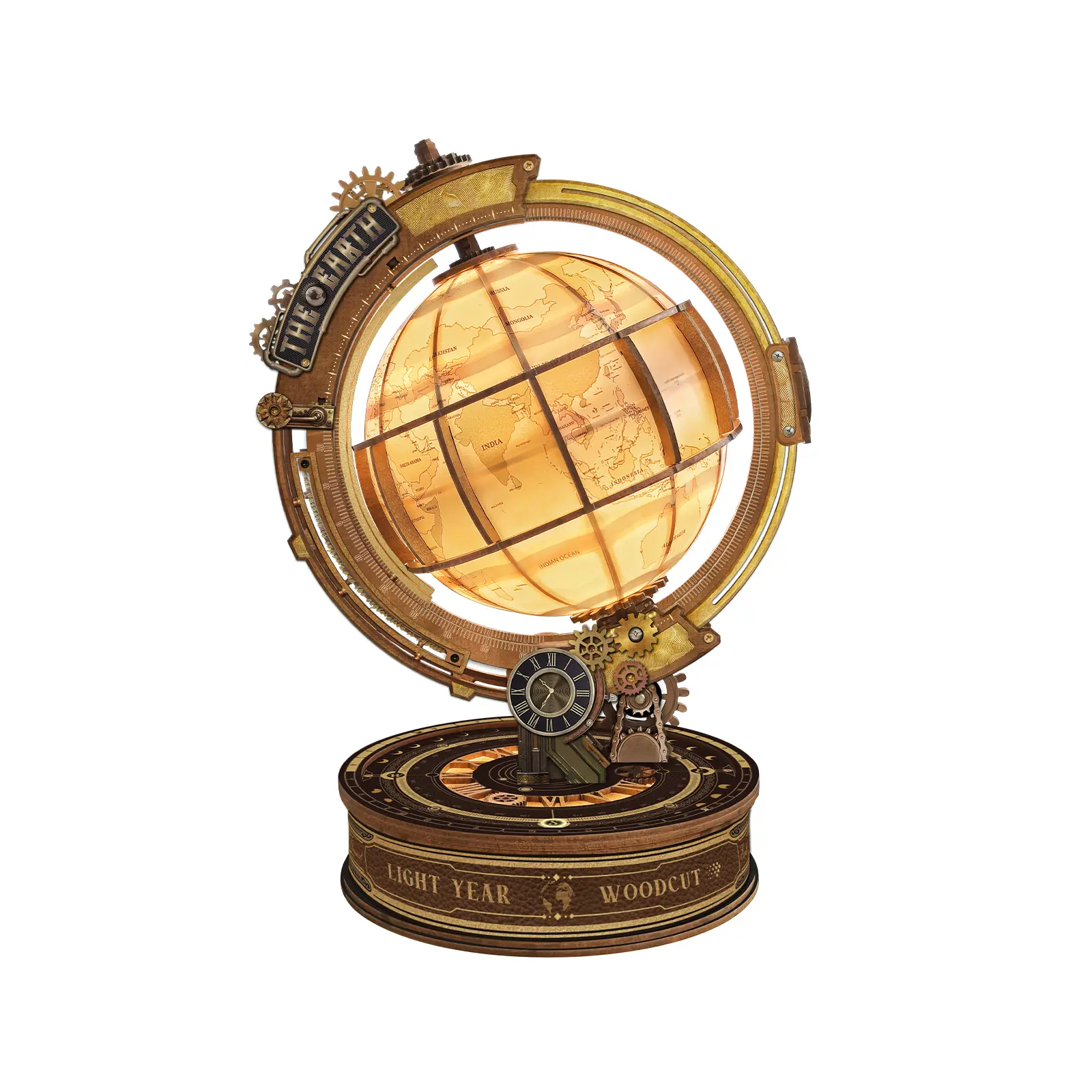 3D Wooden DIY Assembly Globe Model Kit Mechanical Rotating LED Touch Lights Retro Steampunk Armillary Sphere Bookend Globe Shape Home Decor Adult Disposable Battery Powered Gift