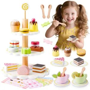 Wooden Cake Toys Tea Party Set,31pcs Kids Dessert Toys,Desserts Food Toy with Cupcake Stand, Kids Pretend Play Kitchen Accessories, Wooden Play Food Set Toy Baking Gift for 3-6 Years Old Girls Boys