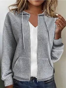 Loose Casual Zipper Hooded Jacket with Pockets, Long Sleeve Fitted Design, Plain Color, Spring & Fall Fashion, Women's Outerwear, Everyday