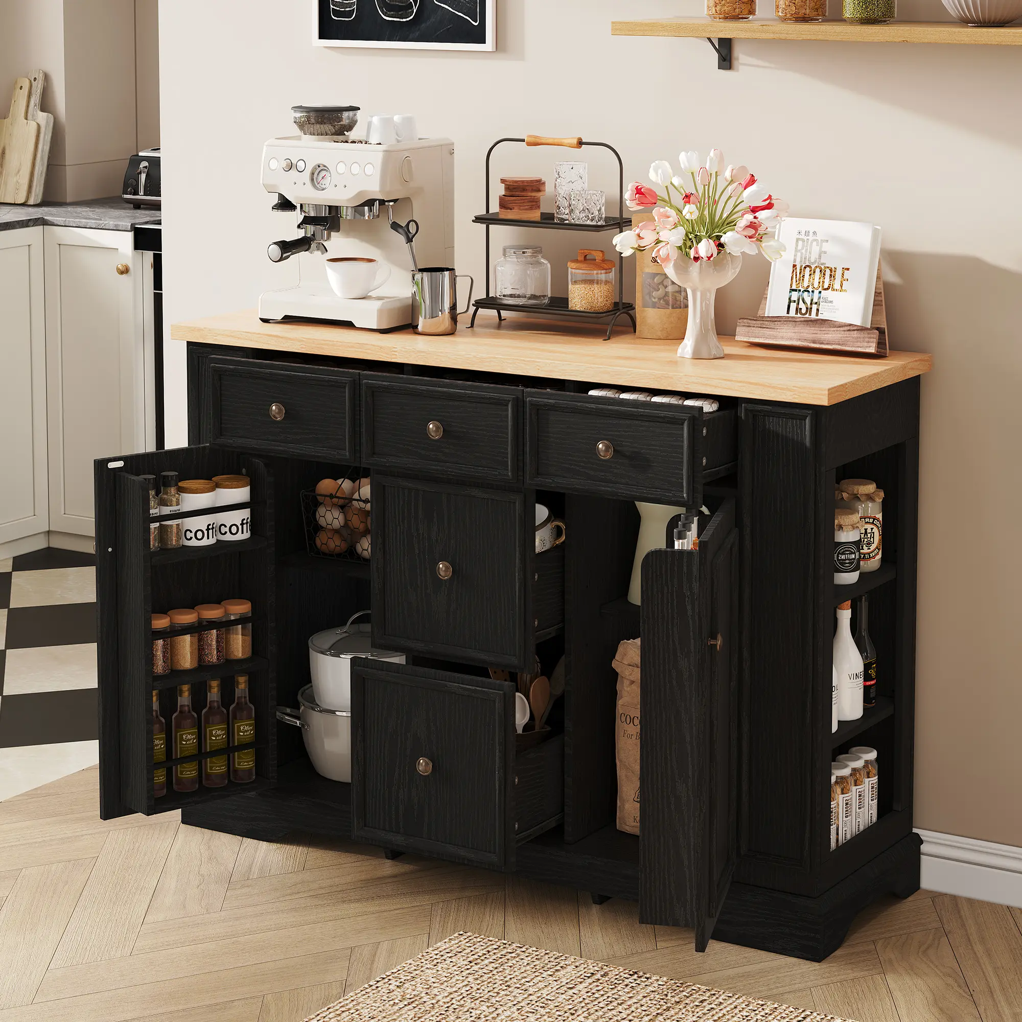 Wood Sideboard Buffet Cabinet - Large Storage, Multi-Functional Kitchen Console Table with 5 Drawers, 2 Closed Cabinets, Customizable Adjustable Shelves, Sturdy Heavy-Duty Server, 80 lbs Top Capacity, Assembly Required for Dining Room, Entryway, Farmhouse