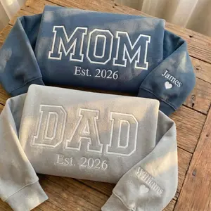 Custom Embroidered Mom Dad Sweatshirt & Hoodie, Name On Sleeve With Heart, Mothers Day Gifts, Gift For New Mom Daddy, Dad Est Year, Father's Day shrit