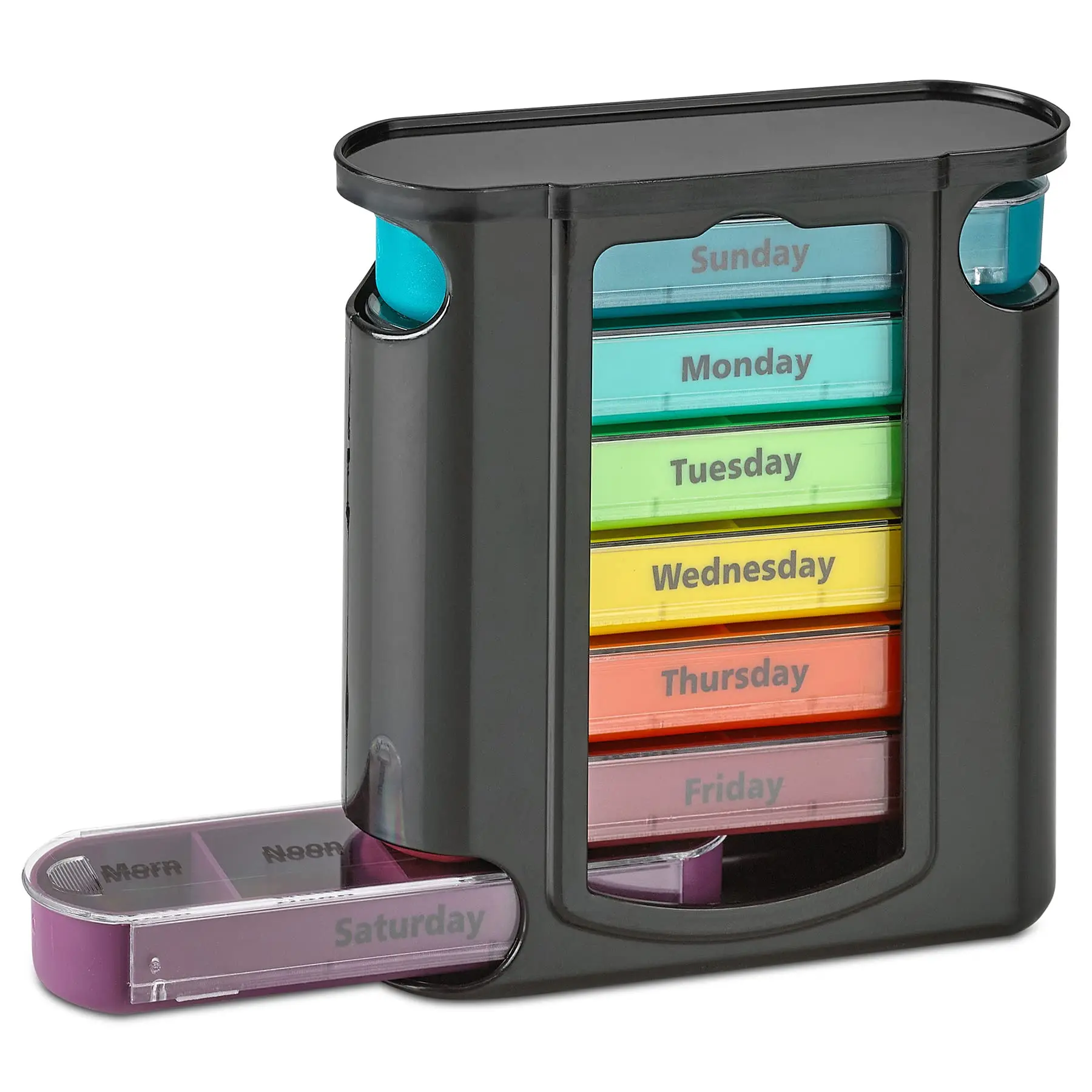 Black Weekly Pill Organizer - 1 Vitamin Organizer with 7 Stackable Compartments for 4 Times-a-Day Use: Morning, Noon, Evening, Bedtime | Healthcare Tablet Dispenser
