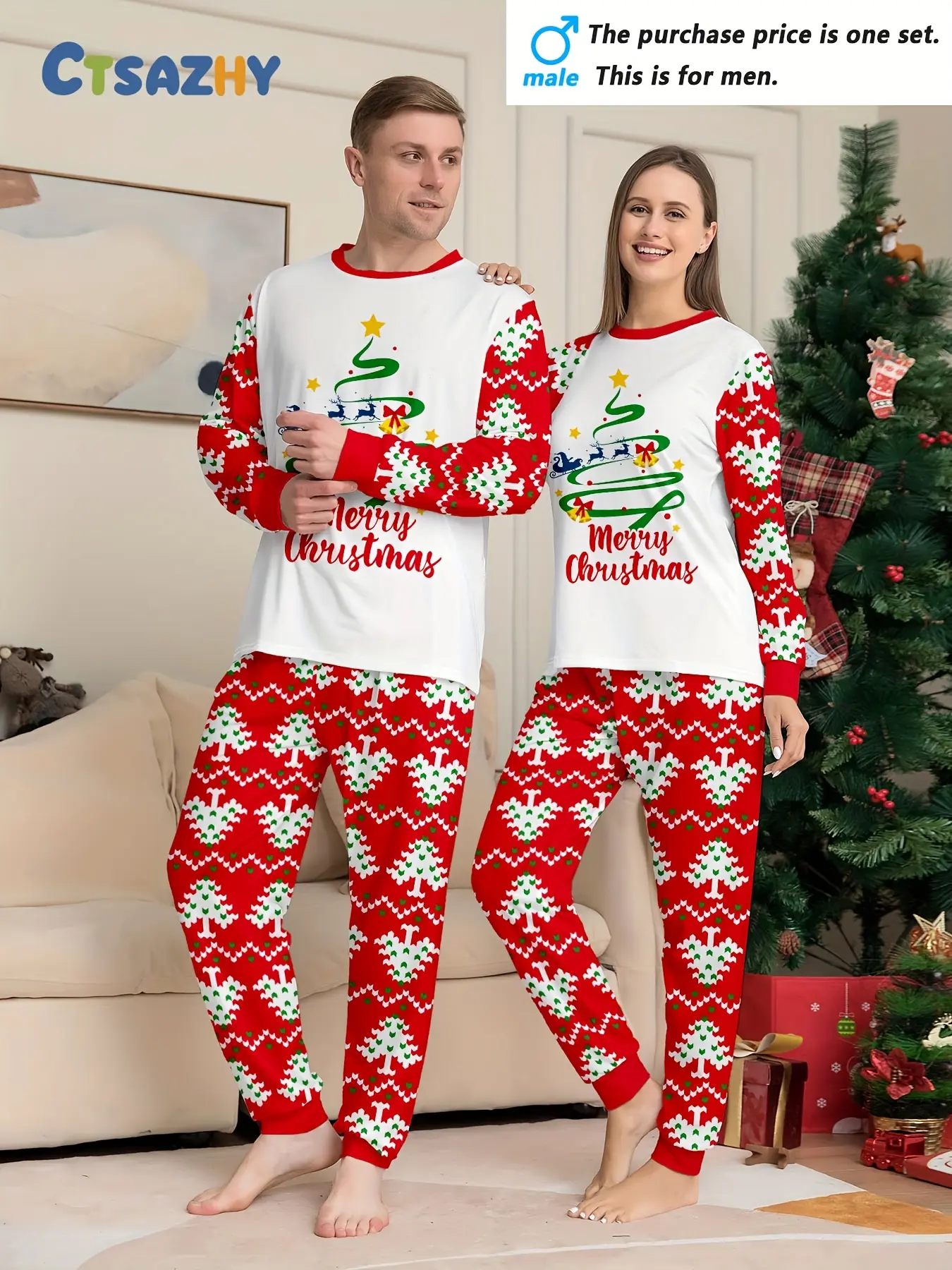 Men's/Women's Christmas Long Sleeve Trousers Loungewear Pajama Set, Santa Claus Reindeer Tree Pattern Combination Design, Crew Neck Suitable for Men and Women, Couple Pajamas, Men's and Women's, Family Christmas Sweater, Christmas Package Pajamas