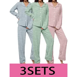 3 sets of 6 pieces: women’s casual polyester solid-color long-sleeve top with long pants; knit fabric; long-sleeve lapel top with loose pants; comfortable home loungewear that can also be worn outdoors.