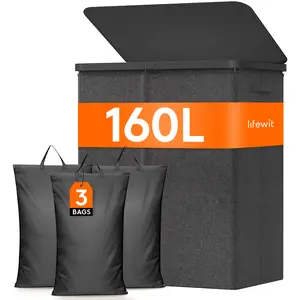Lifewit 140 L 2-Section & 160 L 3-Section Laundry Basket with Lid, Large Foldable Hamper with Plastic Frame, Handles & Removable Bag, Tall Clothes Storage for Bedroom, Bathroom, Dorm