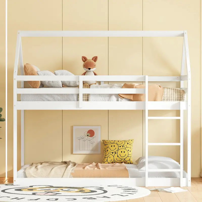 Twin over Twin Rubber Wood Floor Bunk Bed, with ladder,Guardrails,House-Shaped-Bunk Bed