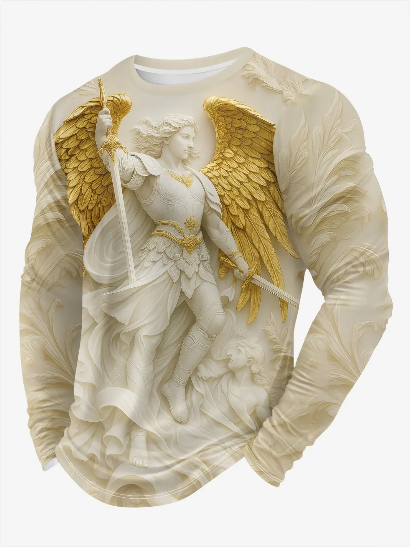 Men's 3D Angel Warrior Pattern Graphics Long T-shirt, Menswear, long sleeve, with golden sword design, 3D printing, wing decorative trim, unisex T-shirt top, Printed Fitted, Casual