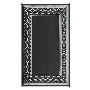 9x18 ft (Actual Size) Plastic Black and White Rectangular Outdoor Rug, Rhombus Geometric Design, Stake Secure for Beach, Patio, RV Use