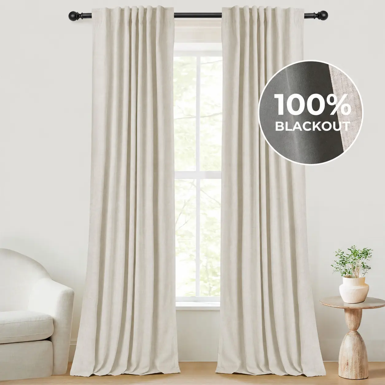 2pcs Blackout Curtains for Living Room Bedroom Linen Blackout Curtains, Back Tab Luxury Black Out Curtains for Windows Apartment