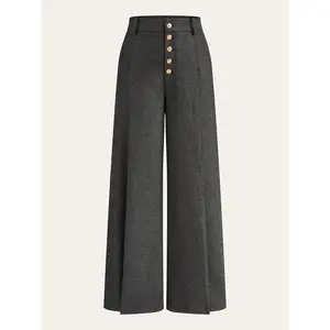 High-Waisted Button-Front Wide-Leg Pants