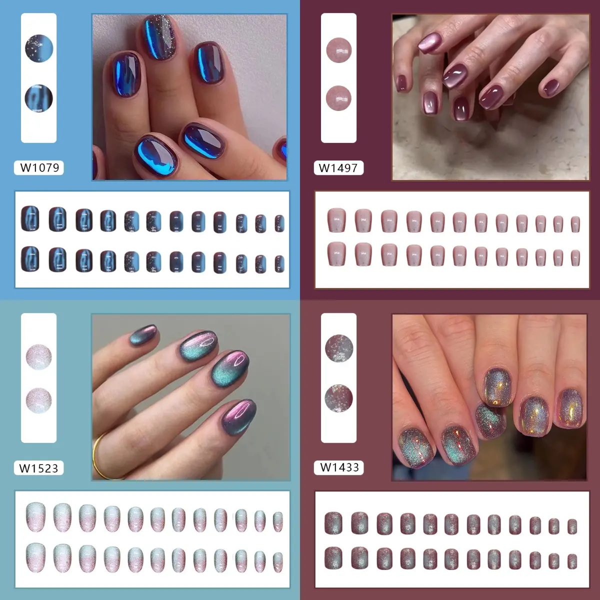 96 Pcs Cat Eye Press On Nails - Glossy Short Almond Fake Nails for Women & Girls, Sparkling Solid Color, Perfect for Party and Daily Wear Multicolor