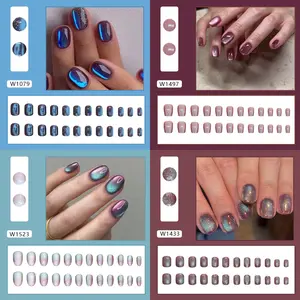 96 Pcs Cat Eye Press On Nails - Glossy Short Almond Fake Nails for Women & Girls, Sparkling Solid Color, Perfect for Party and Daily Wear Multicolor