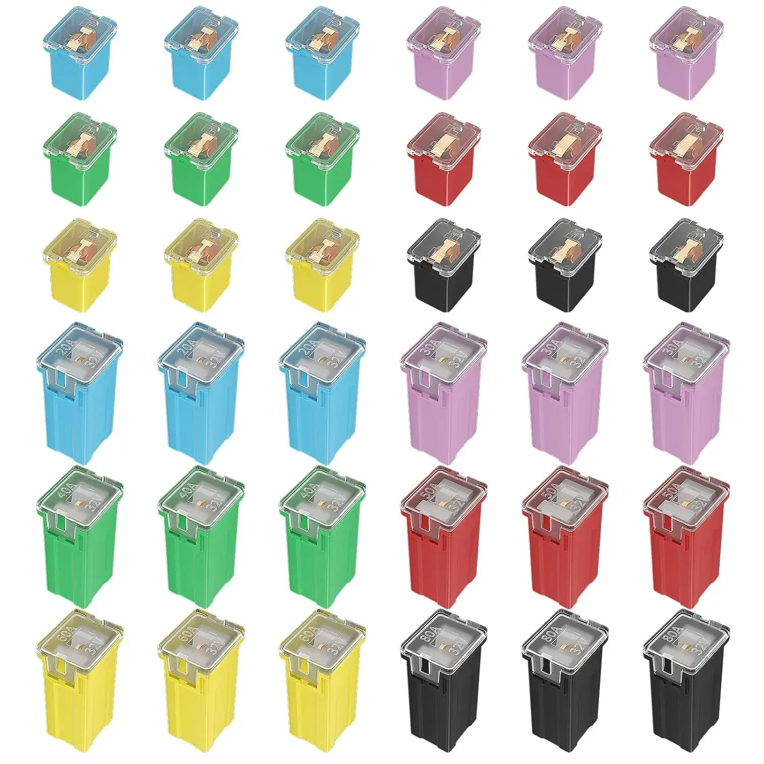 Fuse Automotive Tall/Standard and Low Profile Jcase Box Shaped Fuses Assortment Kit (20A, 30A, 40A, 50A, 60A, 80A) for Ford Chevy/GM Nissan and Toyota Pickup Trucks Cars SUVs