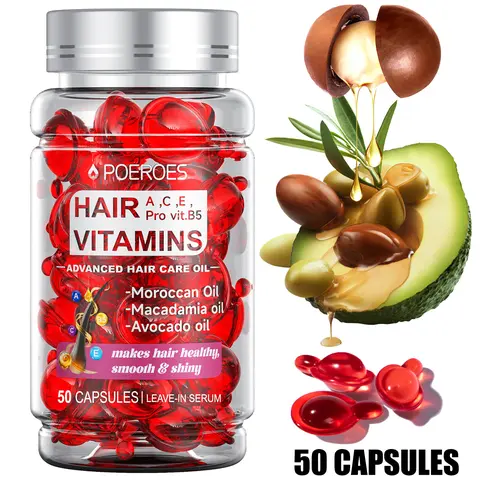 POEROES 50-Capsule Haircare Treatment Capsules - Argan Oil, Avocado & Moroccan Extracts, Vitamins A,C,E,Pro B5, Chemical-Sulfate-Paraben-Free Leave-In Frizz Control for Damaged Hair (Silky Straight via Drops, Tames Flyaways)