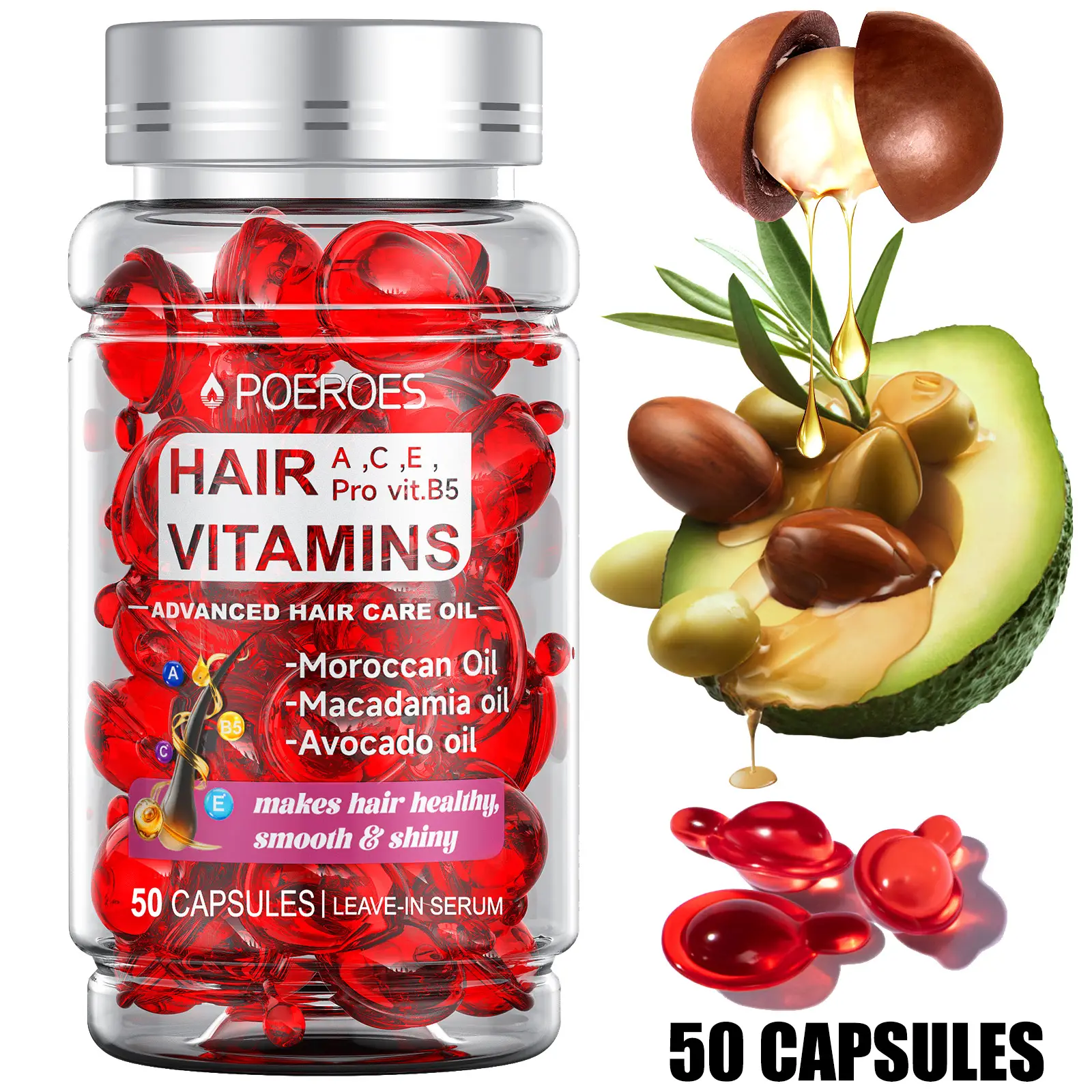 POEROES 50 Capsules Hair Oil With Argan Avocado & Moroccan Oil - Hair Vitamins A C E Pro B5 - Hair Serum for Frizzy and Damaged Hair ， Leave In Cond