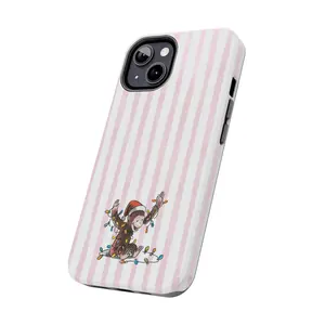 Christmas Curious Monkey Phone Case Pink Stripe Tough Durable Polycarbonate Shell for iPhone 17 Series with String Lights & TPU Liner