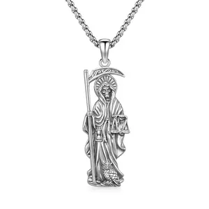 La Santa Muerte Necklace 925 Sterling Silver Jewelry Grim Reaper Pendant Necklace Gifts for Women Men Anniversary Graduation Birthday Christmas Mothers Day Valentine's Day Amulet Faith