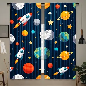 Space-Themed Curtains Set of 2, Polyester Window Drapes with Stars Planets Rockets, Rod-Style, Modern Style for Bedroom Kids Room Decor