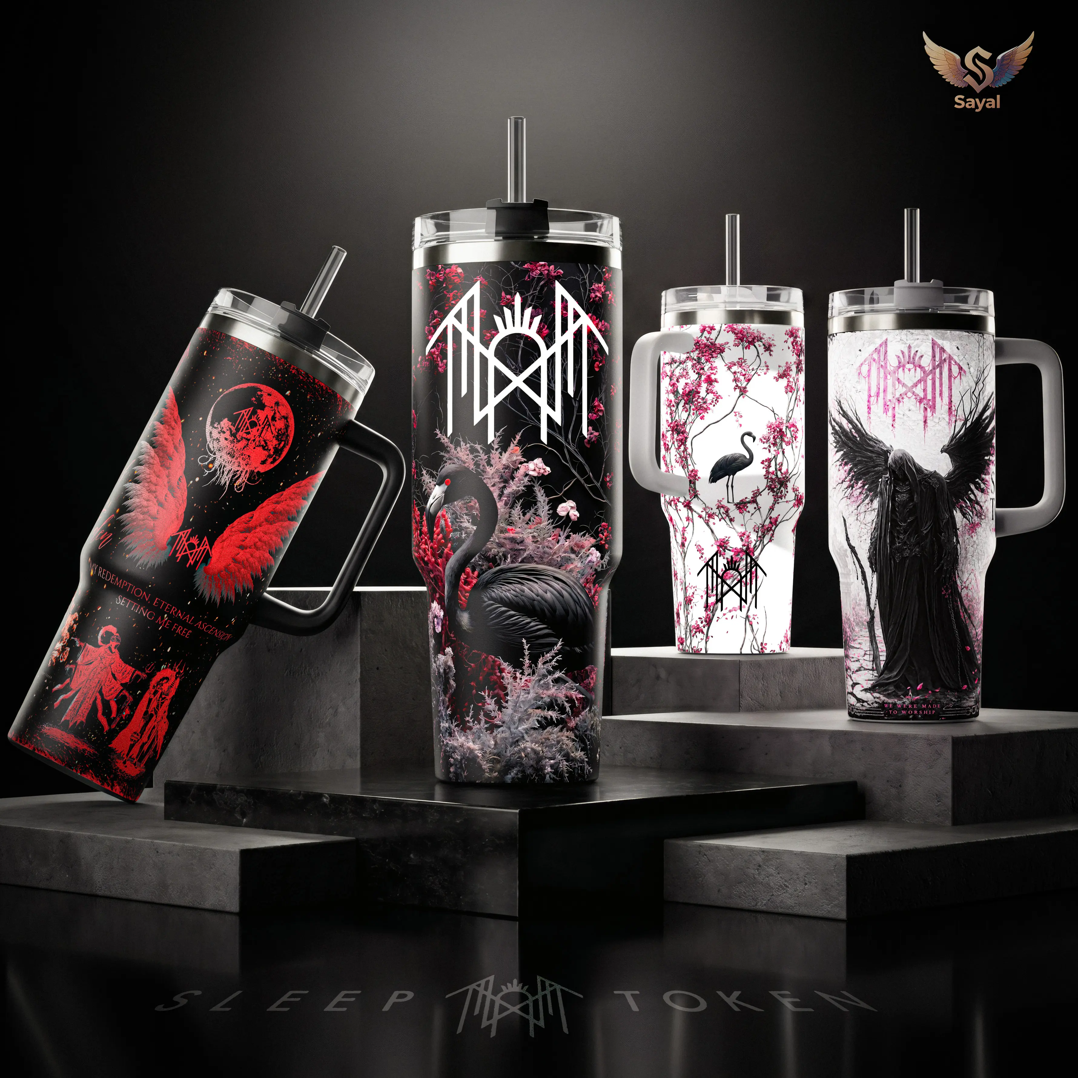 Sleep Token Even In Arcadia Take Me Back to Eden 40 20 oz Vacuum Insulated Tumbler with Handle Straw Red Black Angel Wings Gothic Graphic Keeps Drinks Hot/Cold Stainless Steel Travel Mug Metal Fans Alternative Music Lovers