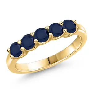 Gem Stone King 10K Yellow Gold Blue Sapphire Wedding-Bands Ring For Women | 1.10 Cttw | Round 3.5MM | Gemstone September Birthstone | Wedding Engagement Anniversary Promise Ring For Women