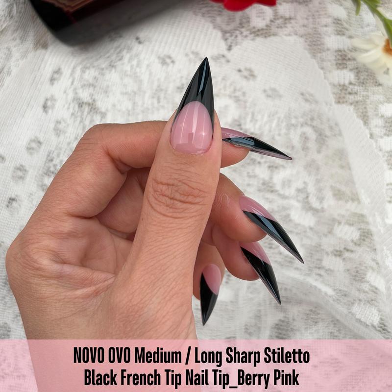 NOVO OVO Black French Tip Sharp Stiletto Pointed Medium Long Nail Tips Press on Berry Pink, Soft Gel Fake Acrylic Extension, Full Cover False Nails for Salon DIY x 16 Sizes 160 pcs【NO GLUE ,TOP COATAND LAMP INCLUDED】