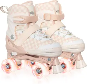 Adjustable Quad Roller Skates for Kids Teens Boys Girls, Checkerboard Pattern Skates with Illuminating Light Up Wheels, Indoor Outdoor Beginner Sports Gift