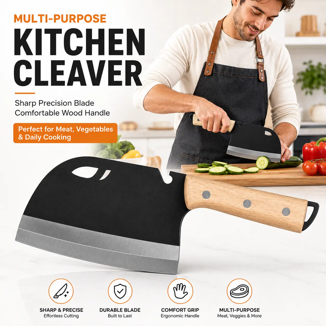 Professional Kitchen Cleaver Knife, Multipurpose Stainless Steel Chopping Knife with Ergonomic Wood Handle for Meat, Vegetables, Fruits & Daily Cooking