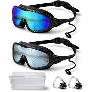 2 Pack Swim Goggles for Adults Men Women, Polarized UV400 Swimming Goggles Anti Fog No Leaking, Wide View Mirrored Swim Goggles with Built-in Ear Plugs and Nose Clips for Pool Beach Open Water