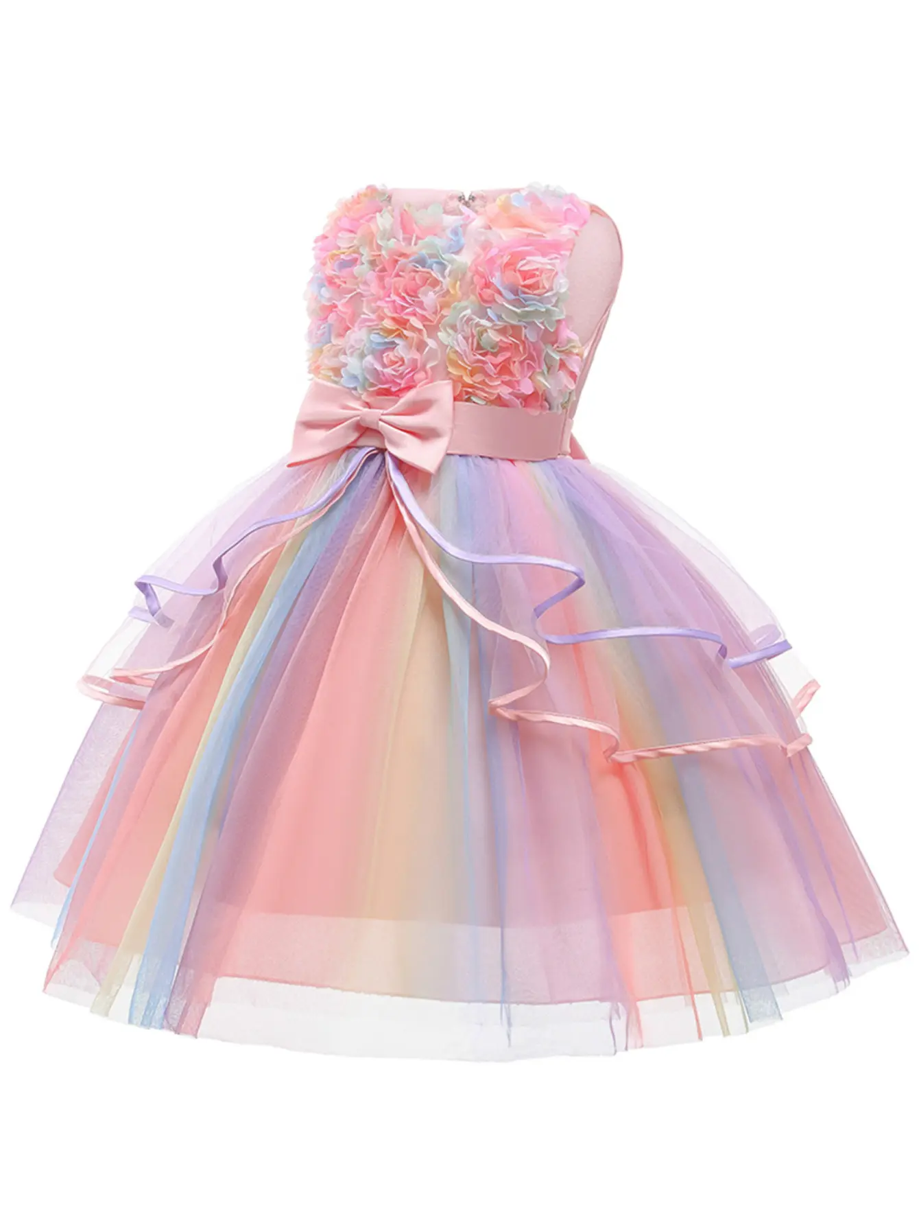 LOEL Rainbow Flower Girl Wedding Dress Princess Tuffy Skirt Kids Ruffle Lace Casual Dress for Holidays & Birthdays