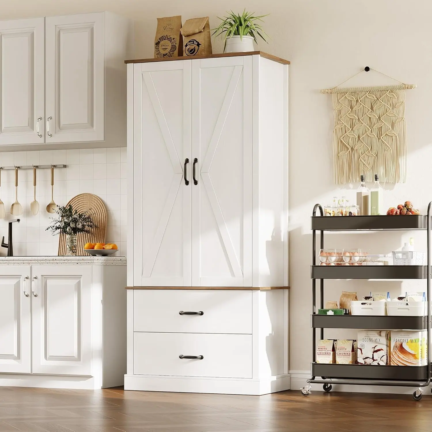 Garvee Farmhouse Kitchen Pantry Cabinet Wood Kitchen Cabinet with Drawers Barn Door and Adjustable Shelf Versatile Storage for Living Room Dining Room Bathroom and Office  White