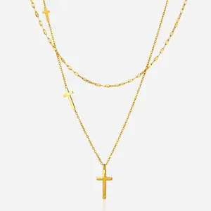 Elegant Gold Cross Necklace with Dual Chains for Women's Fashion Accessory - Perfect for Everyday Wear