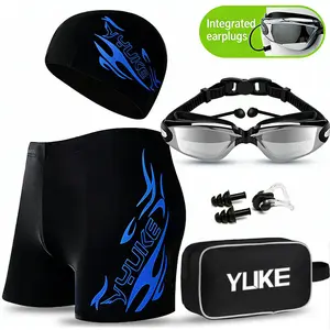 Men's Plus Size Swim Trunks, Men's Fashionable Spa Swimwear, Men's Swimsuit, Goggles and Swim Cap Set, Swimming Gear