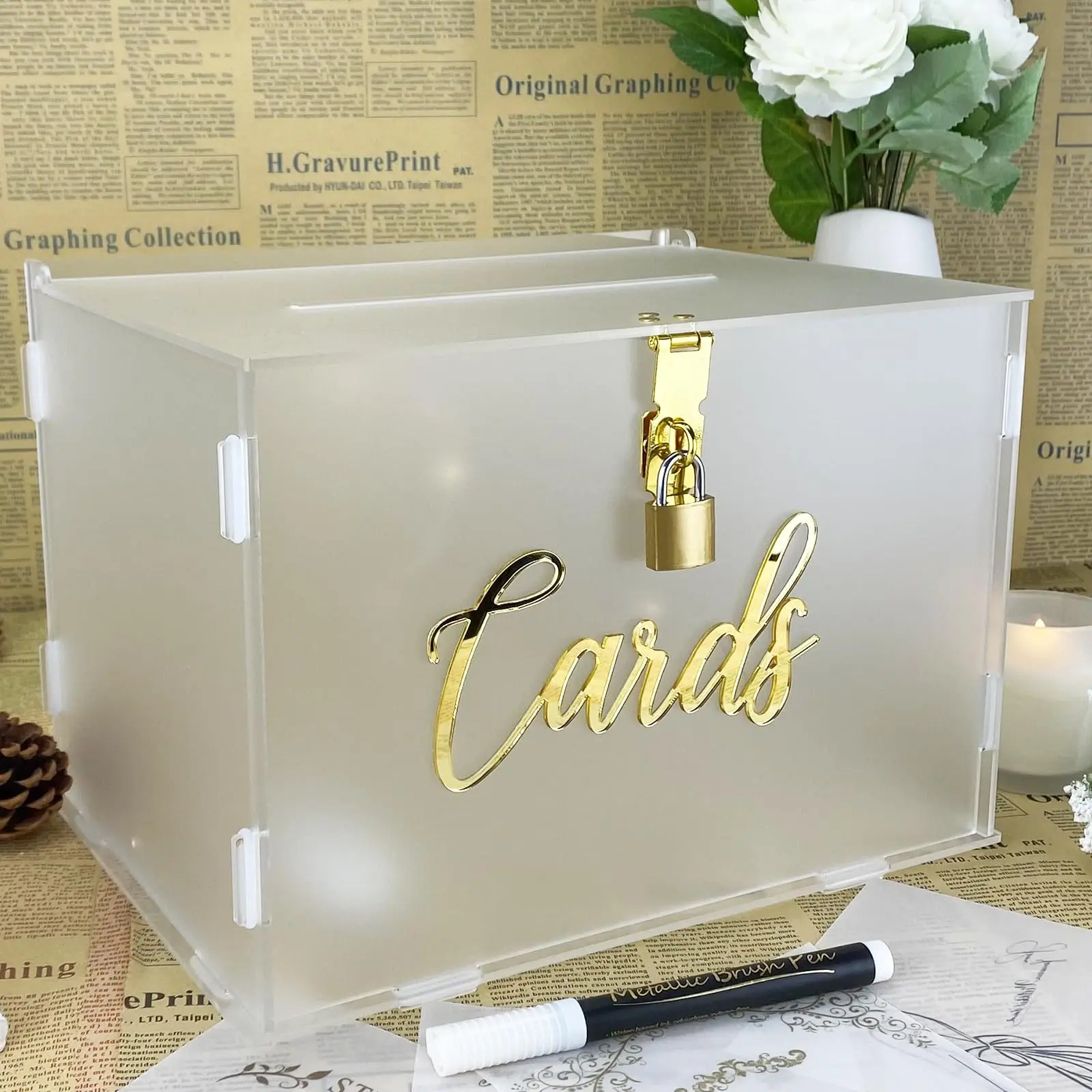 11 Inch Frosted Locked Acrylic Wedding Card Box | Frosted Wedding Reception Card Holder, Honeymoon Fund Box, Engagement, Birthday, Anniversary & Baptism Card Box, Multi-Purpose Jewelry & Makeup Organizer