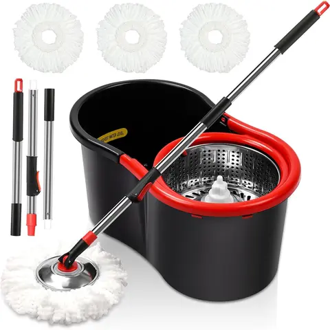 [Stainless Steel Black Spin Mop Set] 3 Microfiber Mop Heads, 51" Adjustable Handle, Bucket with Wringer - Modern Indoor Daily Cleaning Clean Floors Solution for Home Supplies