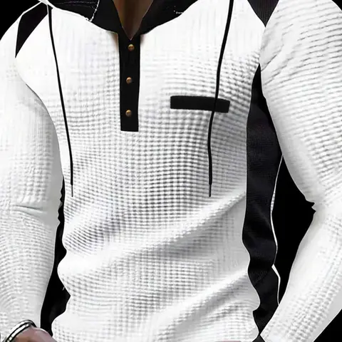 Men's Casual Long Sleeve Knit Hoodie Pullover, Skin-Friendly Breathable Waffle Fabric, 100% Polyester, Fake Pocket Design, Spring & Fall Wear